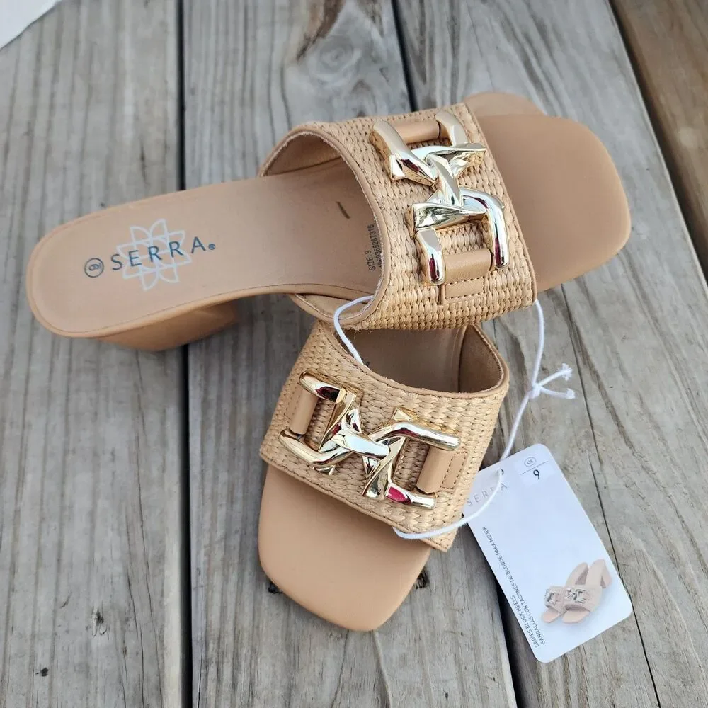 Serra Brown Block Heel Woven Design Gold Buckle Sandles Womens Size 9
